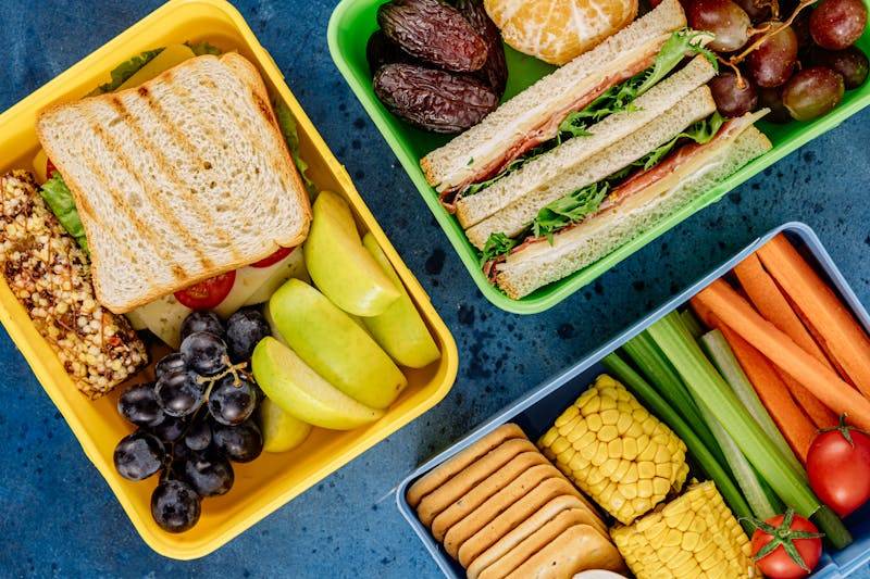 Packed lunch with sandwiches and fruit