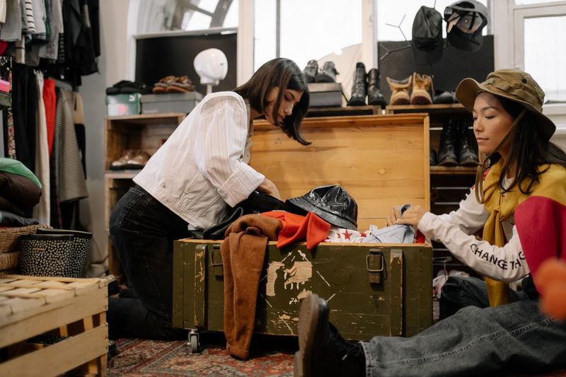 Second-hand clothes shopping at a thrift store