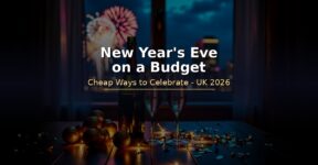 New Years Eve celebration table with champagne glasses and fireworks, dark background with bold title text New Years Eve on a Budget