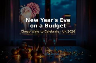 New Years Eve celebration table with champagne glasses and fireworks, dark background with bold title text New Years Eve on a Budget