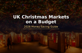 UK Christmas markets at dusk with fairy-lit wooden chalet stalls