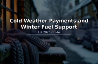 Frosty British street on a freezing winter morning with one warm glowing window, illustrating cold weather payments and winter fuel support