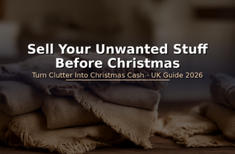 Boxes of unwanted items, parcels and pound notes on a dark desk - selling clutter for Christmas cash