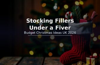 A red knitted Christmas stocking filled with small wrapped gifts, chocolate coins and a candy cane beside a decorated tree - budget stocking filler ideas under 5 pounds