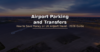 Rows of parked cars at an airport long stay car park with a plane taking off at dusk - budget UK airport parking guide