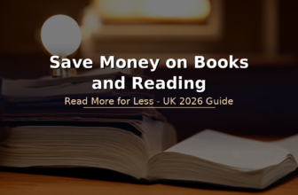 Stack of paperback books, reading lamp, cup of tea and pound coins on a dark table - budget reading in the UK