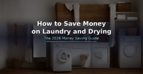 Laundry room with washing machine, airer and folded towels - How to save money on laundry and drying UK 2026 guide