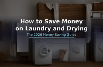 Laundry room with washing machine, airer and folded towels - How to save money on laundry and drying UK 2026 guide